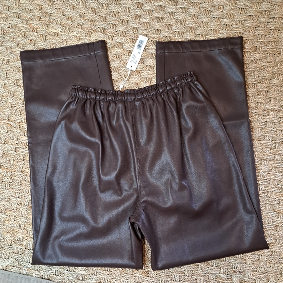 REBECCA TAYLOR VEGAN LEATHER WIDE LEG PANTS W/DRAWSTRING WAIST, DATE BROWN S - Picture 10 of 15